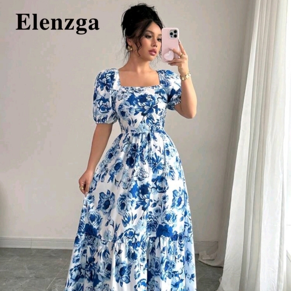 SHEIN Dresses & Skirts - SHEIN White & Blue Floral Puff Sleeve Maxi Dress